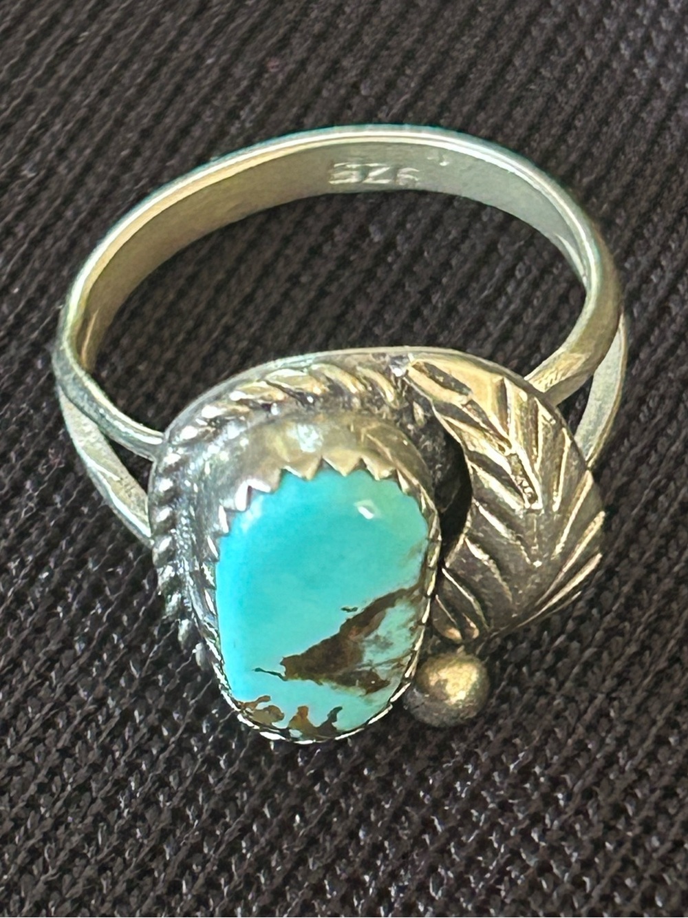 Vintage 925 Sterling Silver Southwestern Turquoise Leaf Ring Size 7.5 - Picture 4 of 8